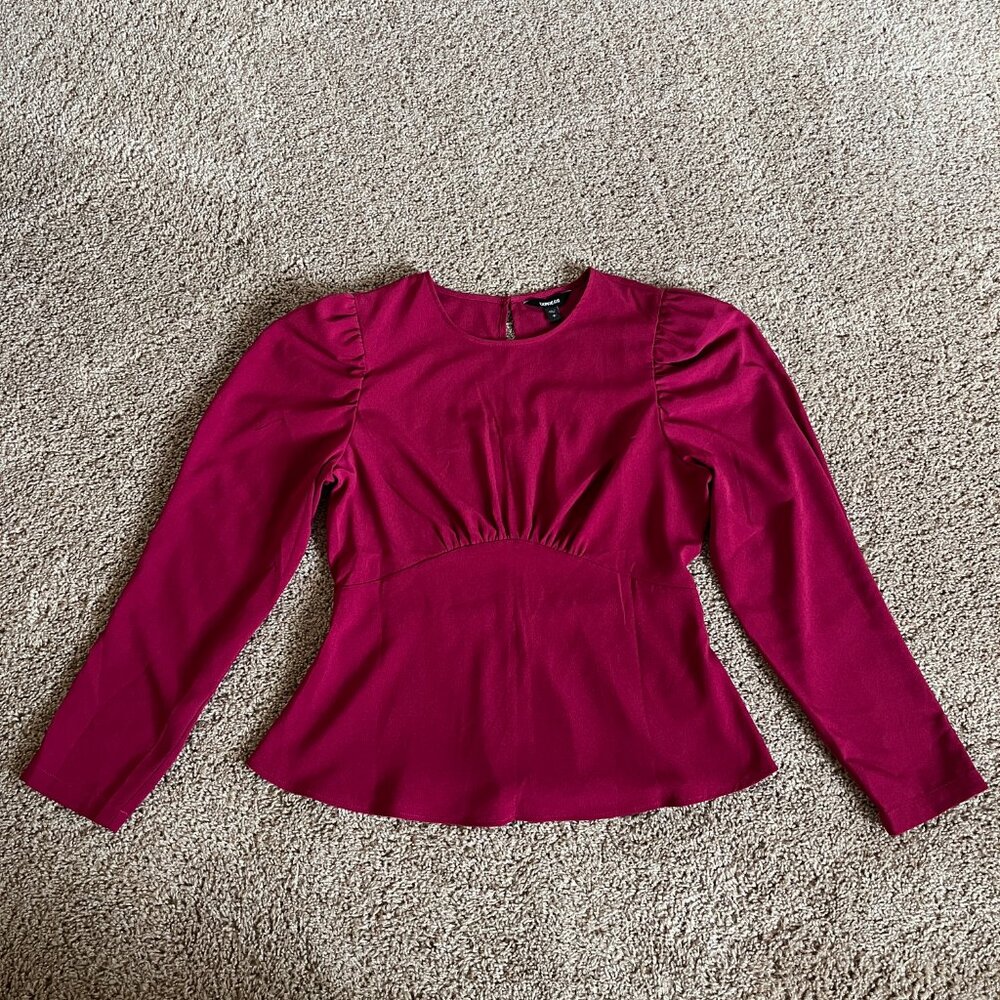 Express Blouse Womens S Dark Pink Peplum Long Puff Sleeve Romantic Femi NWT